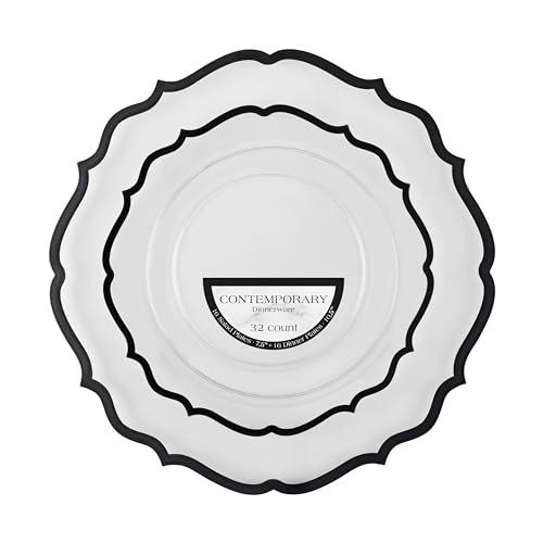 PLASTICPRO 64 Pack Elegant Disposable Plastic Plates Combo Set Includes 32 Dinner Plates and 32 Salad Plates Heavy Duty Fancy Party Plates Clear & Black Contemporary Design