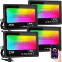 LED Flood Light Outdoor 25W, 250W Equivalent 2500LM, RGB Color Changing FloodLights by App Control, DIY Scenes - Timing - Dimmable Bright White Light 2700K-6500K, Uplights for Events, US-3 Plug (4 Pack)