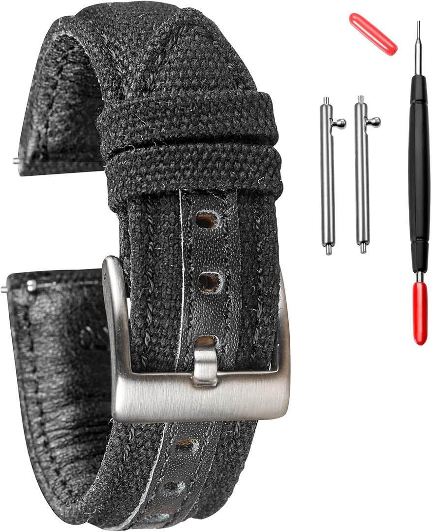 hemsut h Quick Release Watch Strap, Military Canvas Watch Bands, 22mm Watch Bands for Men, Fabric Sport Replacement (Black)