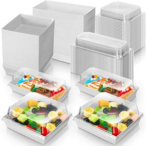 100 Pack 2 Size Paper Charcuterie Box with Clear Safety Lid 5'' White Square Disposable Food Container Bakery Bread Box 7.5'' Long Baking Box for Sandwich Cake Cookies Pastry Dessert Salad Display