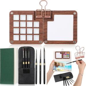 Glenmal 7 Pcs Mini Watercolor Palette Set Travel Portable Watercolor Pocket Set Sketchbook with Binder Clip Brushes Wooden Color Palette Box 3 Paint Brushes with Case for Painters Artists(15 Grid)