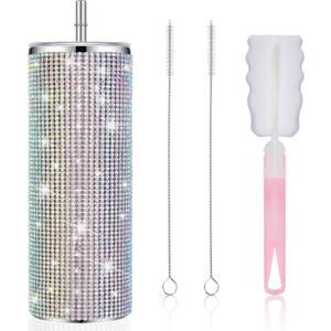 Tessco Bling Tumbler Cups Rhinestones with Straw Glitter Water Bottle Stainless Steel Straw Tumbler Insulated Bling Cup with Lid Brush for Teacher Graduation Season Gifts(20 oz,Colorful)