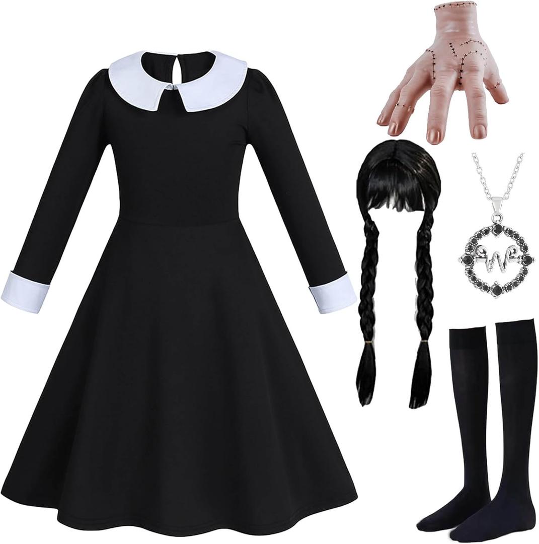 6pcs Girls Halloween Costume Girls Black Dress Long Sleeve with Wig Necklace Sock 3-14Y