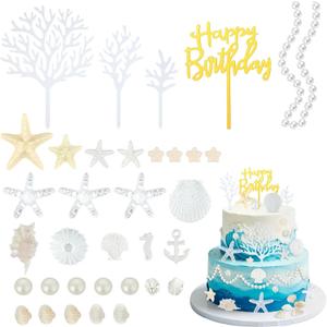 34Pcs Beach Cake Topper Set, Under the Sea Theme Decorations with Golden Happy Birthday Sign, Ocean Seashells Starfish Conch for Summer Birthday Party Supplies