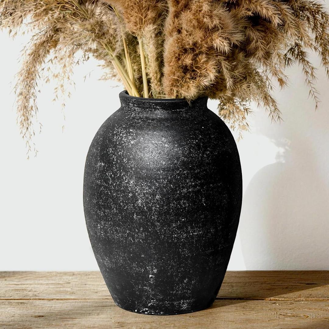 Large Ceramic Rustic Vase, 11 inch Farmhouse Tall Vase for Home Decor, Decorative Terracotta Vases for Living Room, Bedroom, Shelf Decor, Enterway, Wedding, Table Decoration, Black