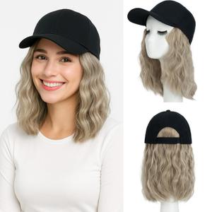 MY-LADY Hat Wig Hat with Hair Attached for Women Baseball Cap with Hair Extensions Adjustable Short Wavy Synthetic Hairpiece 8" Black Cap to 16P613