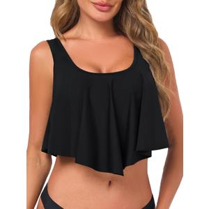 Women's Bikini Top Tankini Tops Push Up Bathing Suit Top Flounce Swimsuit Tops Swim Bra for Large Bust (Black, M)