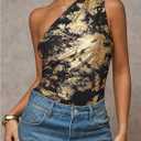 WDIRARA Women's Tie Dye Mesh One Shoulder Bodysuit Metallic Sleeveless Asymmetrical Tank Body Suits (Large)