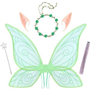 PESAAT Fairy Wings for Adult Sparkling Sheer Girls Butterfly Wings with Fairy Hair Tinsel,Elf Ears,Flower Garland,Wand (Green)
