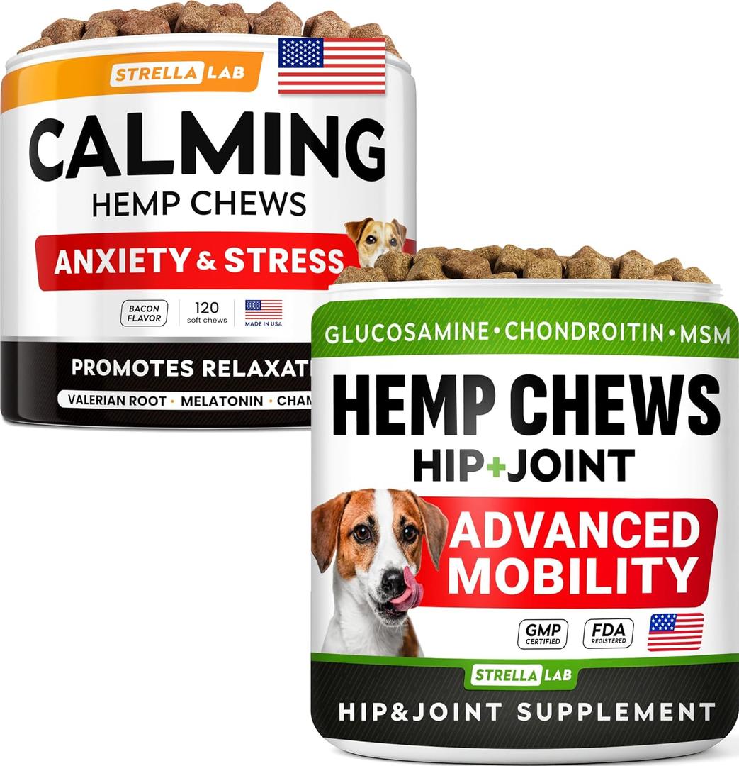 STRELLALAB Hemp Chews for Dogs - Bundle of Hip and Joint + Calming Supplement - Joint Pain & Anxiety Relief Treats - Advanced Mobility Support - Made in USA (Pack of 2, 240Ct), BBD: 12/2028