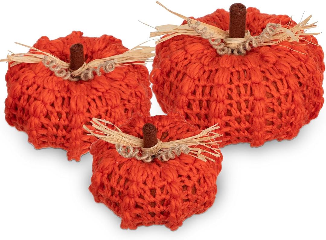 Briful Extra Large Orange Yarn Fall Pumpkins, 3 Sizes Handmade Knitted Crocheted, Christmas Farmhouse Decor, Autumn Home Decor, Dia.7in/6.3in/5.5in Artificial (3pcs)
