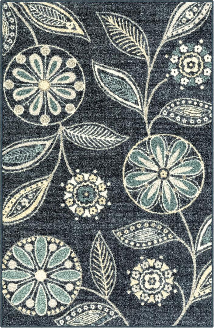 Maples Rugs Reggie Floral Kitchen Rug - Made in USA - Washable, Non Slip Indoor Carpet for Entryway, Foyer, Kitchen, and Bathroom, 2'6 x 3'10, Persian Blue