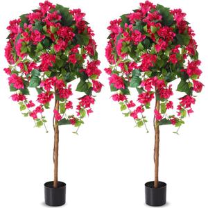 Giegxin 4 ft Bougainvillea Artificial 2 Pcs Artificial Bougainvillea Tree with Flowers in Plastic Pot Tall Floor Plant Faux Blooming Tree Large Fake Plants for Outdoor Indoor (Rose Red)