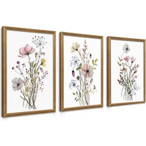 WRFON Framed Botanical Canvas Wall Art Set of 3, Watercolor Floral Prints, Framed Flower Wall Decor for Bedroom Bathroom Living Room, 20x30 Inch Each