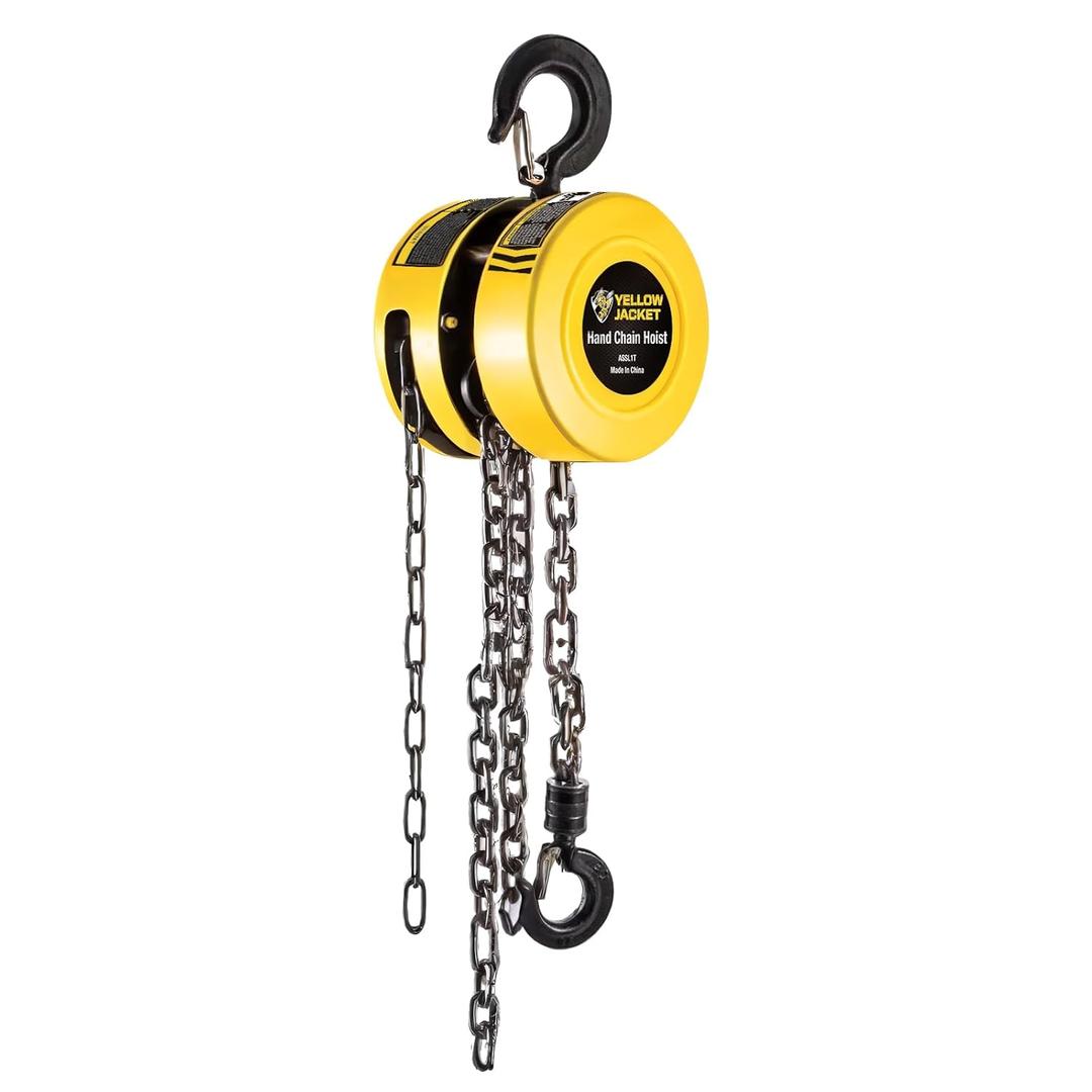 YELLOW JACKET Hand Chain Hoist 1 Ton 2200 Lbs Capacity Chain Block, 10 Feet with 2 Heavy Duty Hooks for Warehouse Automotive Machinery, Manual Chain for Lifting, Good, Yellow