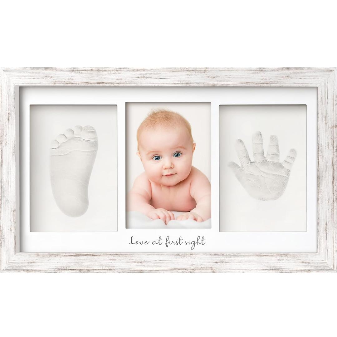 KeaBabies Baby Hand and Footprint Kit - Clay Handprint Keepsake Frame, Newborn Nursery Picture Frame, Personalized New Mom Gifts for Baby First Christmas Shower (Vintage White) (Duo Frame, 13" x 7.8")