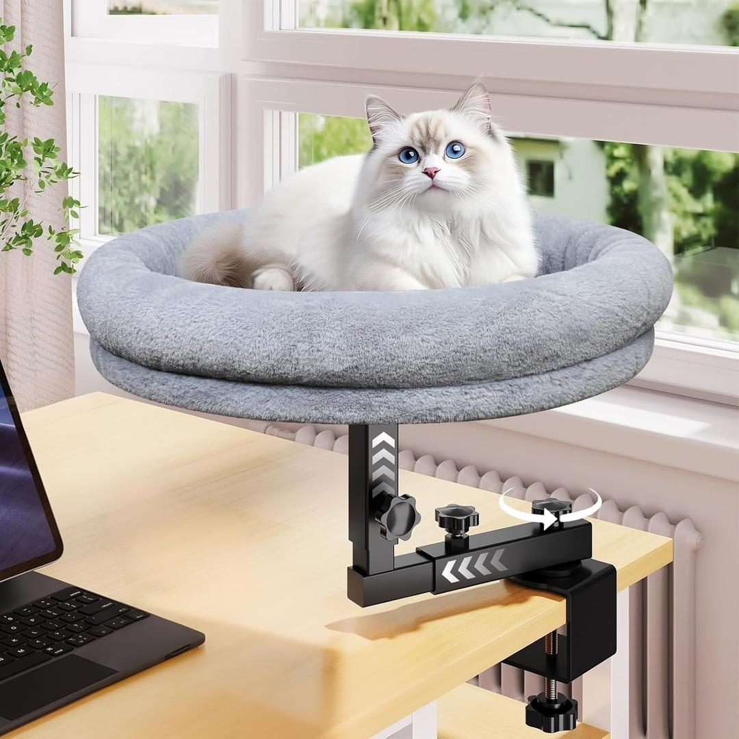 Large Cat Desk Bed, 360Rotating & Adjustable Shelf, 18" Thickening Cat Bed for Desk, Soft Faux Fur with Mat, Suitable for Various Desktops - Maximum Hold Up to 50lb (Dark Gray)