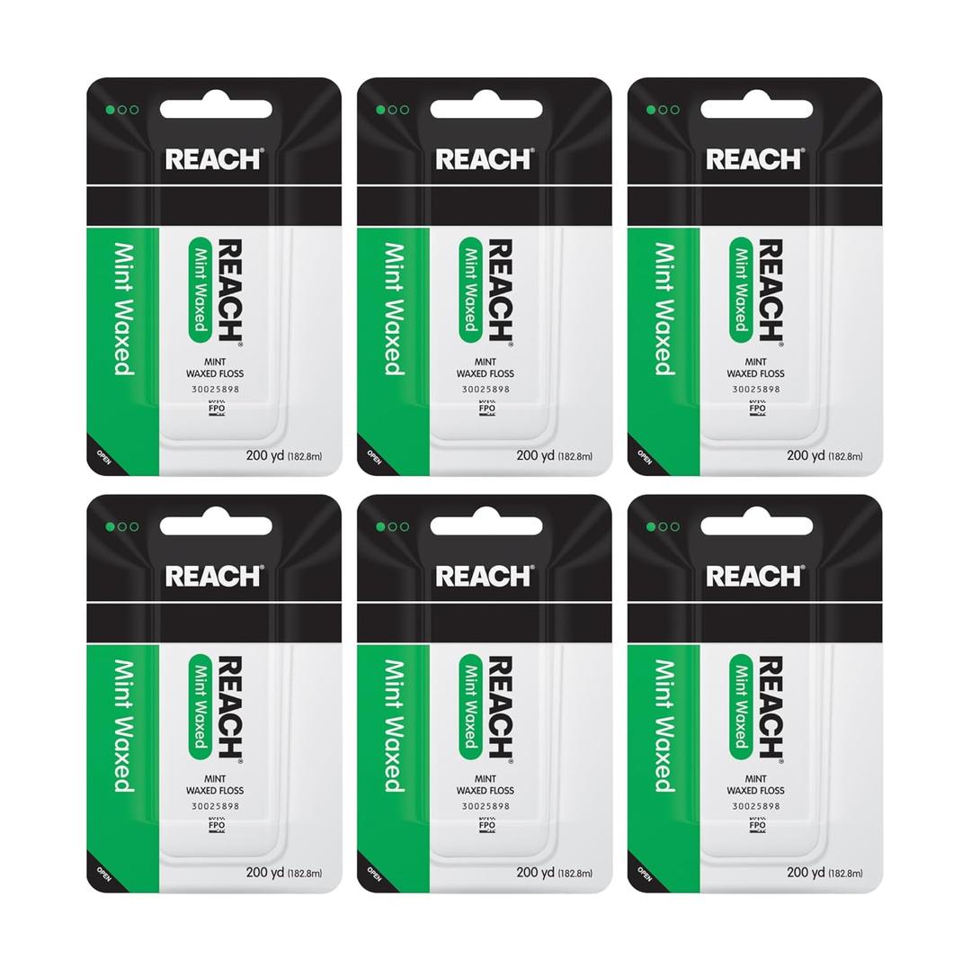 REACH Waxed Dental Floss, Mint, Plaque Remover for Teeth, Shred Resistant, Floss Slides Smoothly, Easy to Use, Waxed, Deep Cleaning Teeth, Oral Care, PFAS Free, for Adults & Kids, 6 Pack, 200 yd
