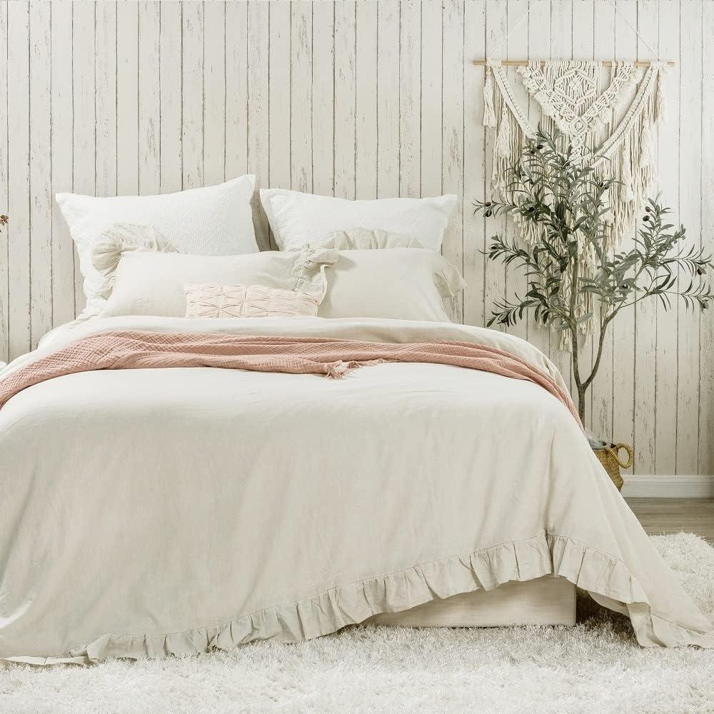 meadow park 100% Stone Washed Linen Duvet Cover Set 3 Pieces, King Size 104 inches x 92 inches, Shams 20 inches x 36 inches, Ruffled Style, Button Closure, Corner Ties, Super Soft, Light Taupe