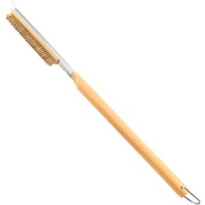 26'' Pizza Brush with Stainless Steel Stone Scraper - Brass Bristles - Wood Handle - Hanging Ring - Outdoor Pizza Oven Accessory - Compatible with Ooni, Gozney, Blackstone, Solo Stove Ovens
