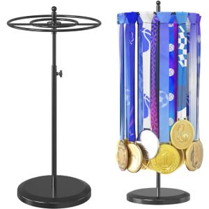 Medal Holder Display Trophy Shelf Organizer, Sturdy Wooden Race Award Hanger Rack with 25 Steel Hooks, Wall Mount Storage Stand for Sports Fans, Cheer Success (Black)