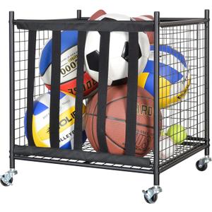 Snail Garage Sports Equipment Storage Organizer Sports Ball Storage Rolling Cart with Basket and Hooks Lockable Sports Ball Cage Storage Rack for Garages, Playgroup, Gym and Schools, Black