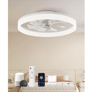 Smart Ceiling Fans with Light and Remote,20" Low Profile Ceiling Fan with 6-Speed & Dimmable LED, Alexa/APP Home Voice Control, App, Reversible Airflow, App Timer, for Bedroom White