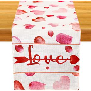 Valentine's Day Table Runner, 13x72 Inch Red and Pink Hearts Pattern Valentine Tablecloth Seasonal Table Cover for Anniversary Party Home Kitchen Decoration