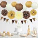 16Pcs Brown Party Decorations Kit, Hanging Earth Tones Brown and Beige Paper Lanterns (6" 8" 10") Honeycomb Paper Fans for Neutral Birthday Baby Shower Bridal Shower Wedding Fall Decorations
