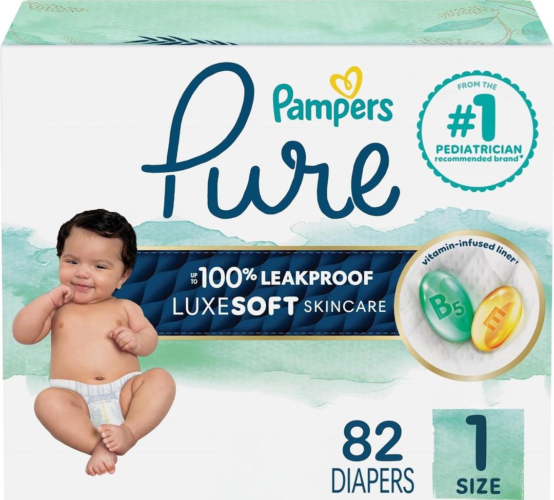 Pampers Pure Baby Diapers, Size 1 (8-14 lbs), 82, Up to 100% Leakproof, Premium Hypoallergenic Soft Diapers