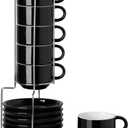 Sweejar Ceramic Espresso Cups Set of 6, Espresso Cup Stackable, 4 Oz Stackable Cappuccino Cups with Saucers and Metal Stand for Coffee Drinks, Americano, Latte, Tea (Black)