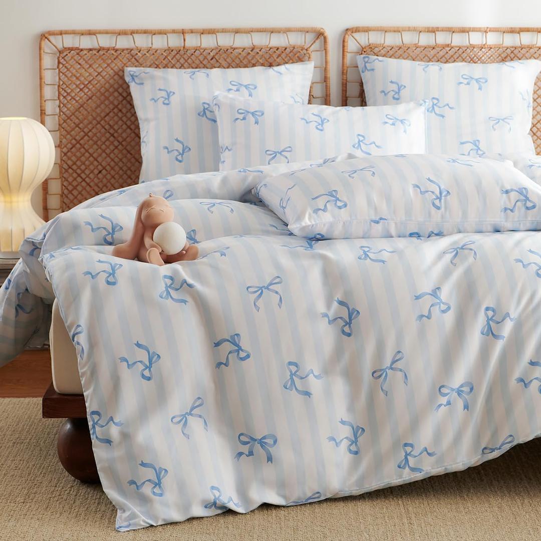 Blue Comforter Set Twin Size 2 Pieces,Blue Bows Striped Pattern Bedding Comforter Set Bed Set for Girls,Neutral Farmhouse Comforter Twin and 1 Pillowcase, Bows and Striped Blue, Twin