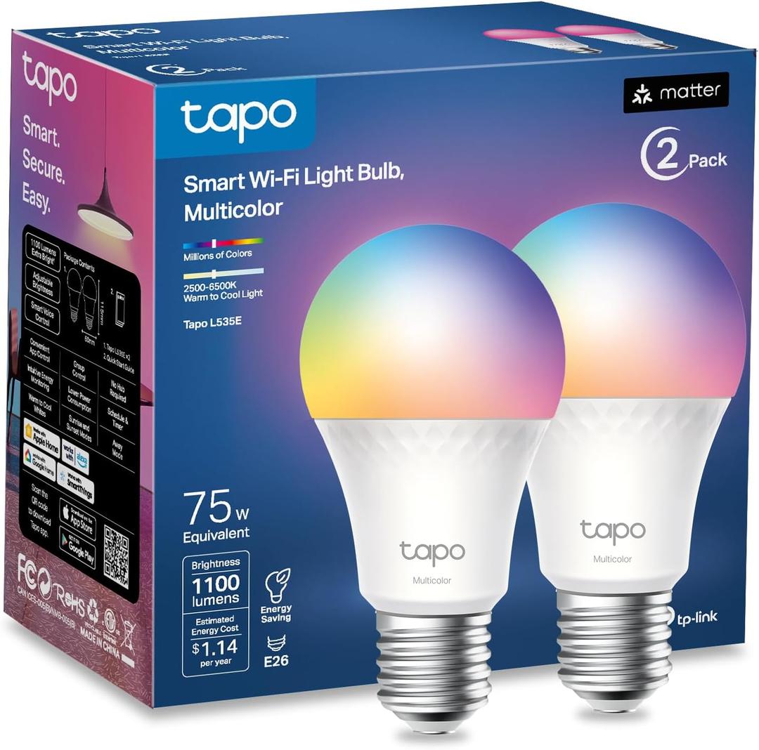 Tapo TP-Link Smart Light Bulbs, 1100 Lumens High Brightness (75W Equivalent), Matter-Certified, 16M Colors WiFi Light Bulb, Dimmable, Works w/Siri, Alexa & Google Home, A19 E26, L535E(2-Pack)