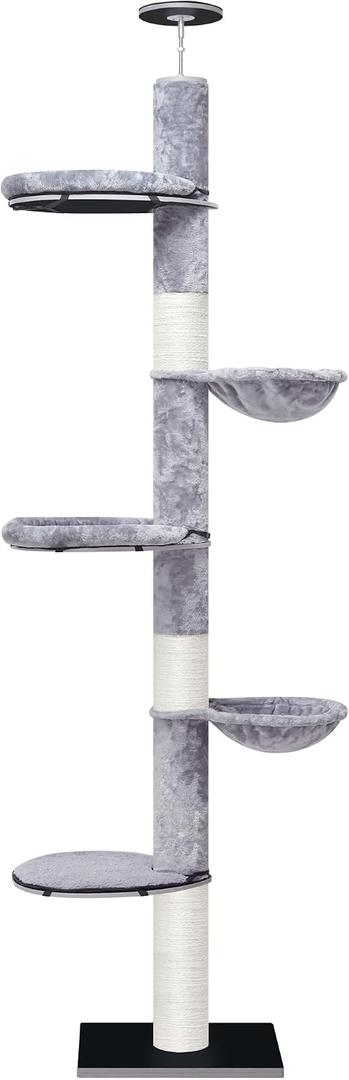 ROYPET Adjustable Tall Cat Climbing Tree, Floor-to-Ceiling Cat Climber Toy with Hanging Hammock and Scratching Posts, Grey
