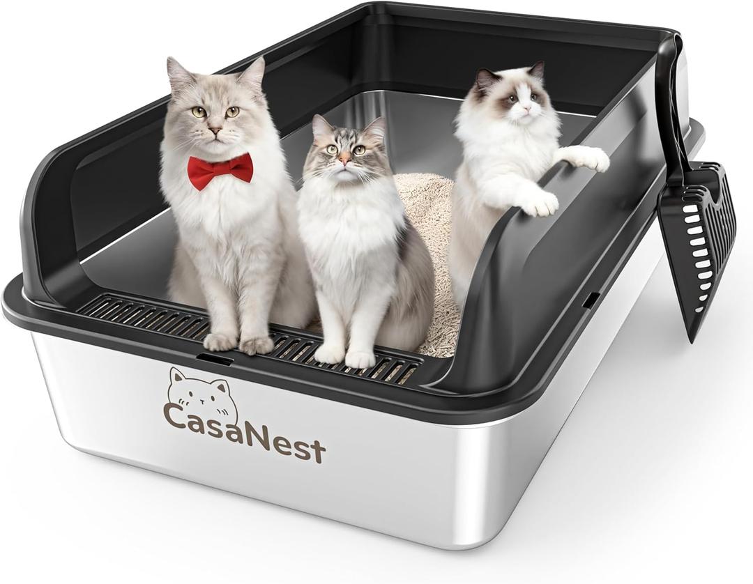 XXXL Stainless Steel Litter Box, 28.1'' Extra Large Metal Litter Box for Big and Multi Cats, Low Entry Design, Metal Pan, Non-Sticky, Anti-Leakage, Easy to Clean (Black)