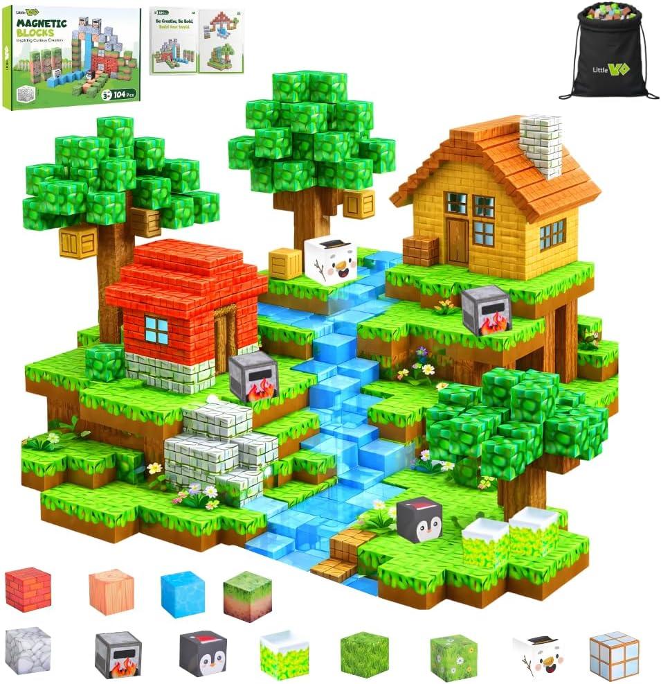 Magnetic Building Blocks 104PCS, STEM Magnet Blocks for Ages 4-8, Montessori Learning Toys for Kids, Sensory Magnetic Cubes for Boys & Girls, Educational Building Set for Birthday