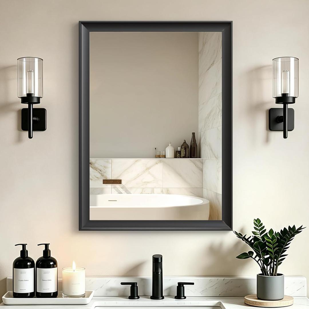 22x30 Inch Black Bathroom Mirrors for Over Sink | Rectangle Vanity Mirror, Wide Inner Curved Aluminum Frame, Anti-Rust, Shatter-Proof, HD Glass, Modern Wall Decor