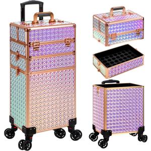 3 in 1 Rolling Makeup Train Case Professional Large Cosmetic Trolley Cosmetology Case on Wheels Traveling Cart Trunk for Hairstylist Artist Nail Beauty Salon Barber, Colorful