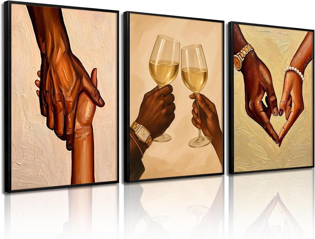 Black Couple Love Wall Art Black People Canvas Wall Decor African American Couple Art Pictures Afro Man Woman Poster Holding Hands Prints Painting for Bedroom Living Room 16x24 Inch Unframed Set of 3