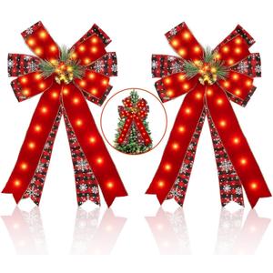 2 Pcs LED Large Red Christmas Bows Decorations, 20 X 12 Red Bow Linen Wreath with Bow Bells, Berry, Pine Cones for Christmas Tree Topper Outdoor Indoor Home Front Door Decor, 40 Warm Lights