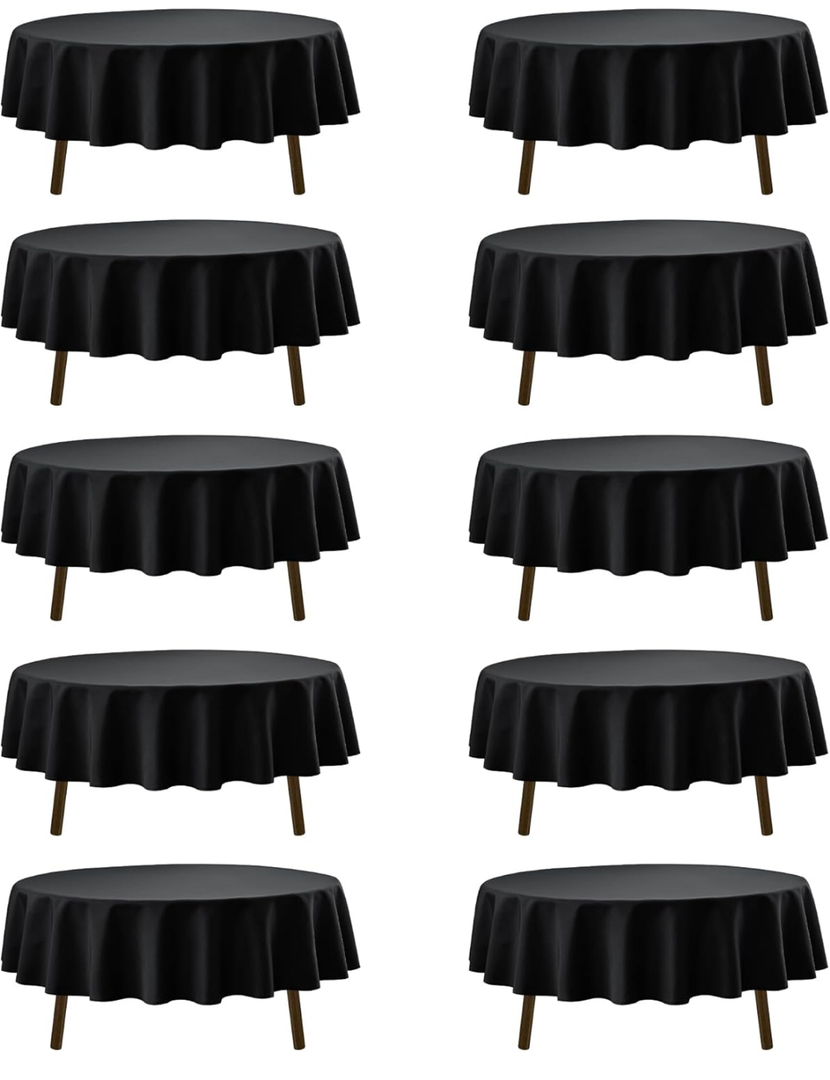 10-Pack Black Round Tablecloths, 90 Inches, Stain-Resistant Polyester for 4-5 Ft Round Tables - Washable Table Covers for Weddings, Banquets, Birthday Parties, Events