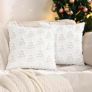 Tosleo Christmas Throw Pillow Covers 18x18 Set of 2 White Christmas Decoration Xmas Trees with Lights Pillow Covers Soft Plush Faux Wool Jacquard Pillowcases Holiday Festivals Winter Home Decor