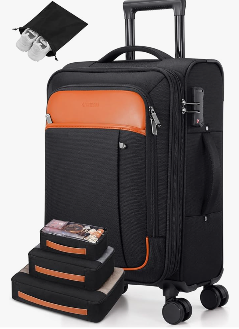 UKEIN Softside Expandable Carry On Luggage 22x14x9 Airline Approved, 20 Inch Carry On Suitcase with Wheels & TSA Lock, Travel Suitcase with 4-Piece Packing Bags for Women Me