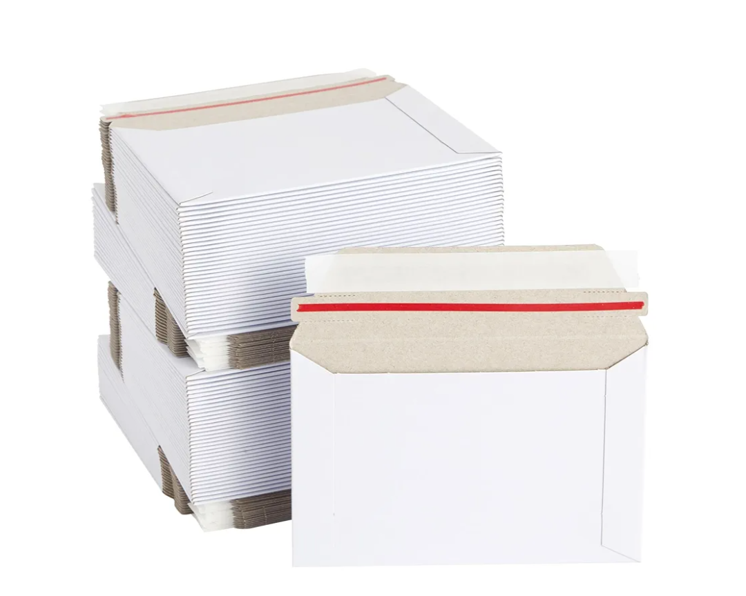 100 Pack 6.5 x 4.5 Rigid Mailers with Self Sealing Flap, Bulk Stay Flat Cardboard Envelopes for Shipping Postcards, Photos (White) - Cardboard Mailers