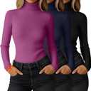 Ficerd 3 Pack Women's Ribbed Thermal Turtleneck Tops Long Sleeve Stretch Shirts Knitted Fitted Lightweight Base Layer (XX-Large, Black, Navy Blue, Fuchsia)