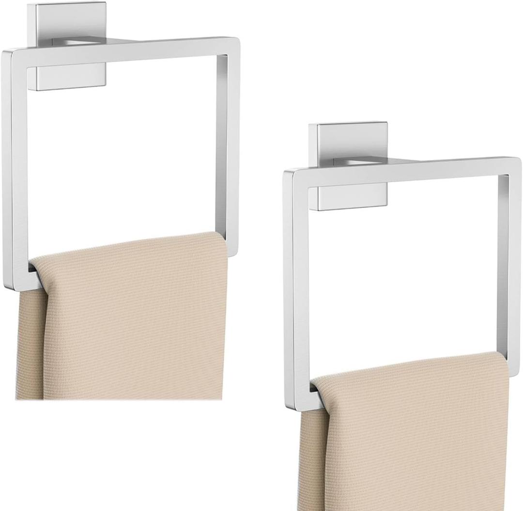 2-Piece Brushed Nickel Square Towel Ring,Modern Hand Towel Holder for Bathroom,Stainless Steel Towel Hangers Wall-Mounted Towel Rack