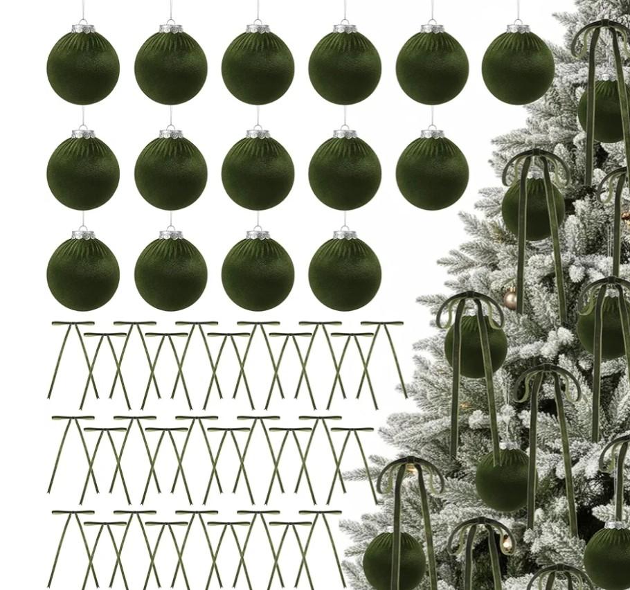 Riceshoot 45 Pcs 3.15 Inch Velvet Christmas Tree Ornaments Set Include 15 Christmas Balls and 30 Vintage Bows Hanging Ornaments for Xmas Tree Door Garland Holiday Anniversary Party(Moss Green)