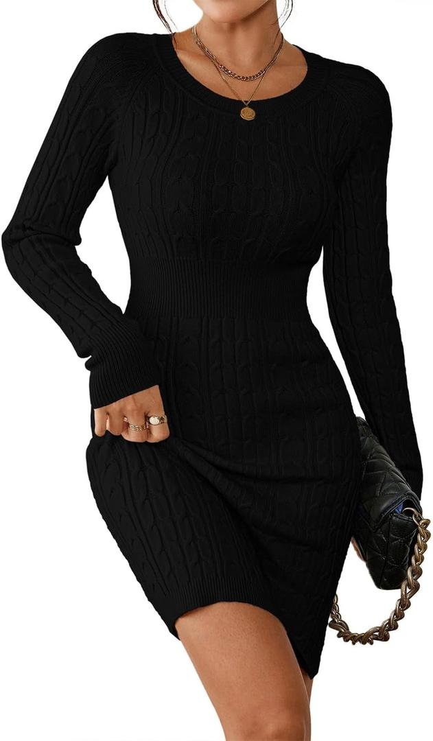 Pink Queen Women's Cable Knit Sweater Dress Long Sleeve Crewneck Mini Pencil Bodycon Dresses Fall Winter Outfits 2025 (Large, Black)