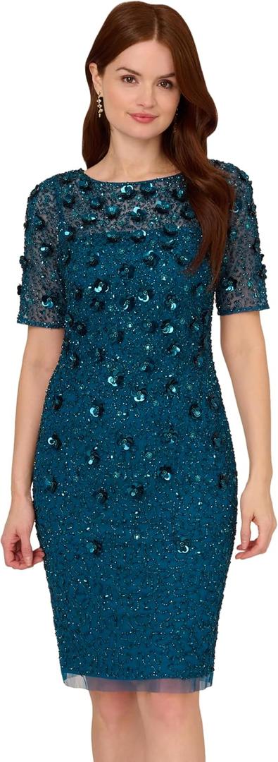 Adrianna Papell Women's Beaded Cocktail Dress, Teal Sapphire, 12