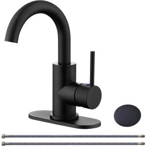 RKF Single-Handle Bathroom Sink Faucet, Swivel Spout, with Pop-up Drain with Overflow and Supply Hose,Bar Sink Faucet,Small Kitchen Faucet Tap,Matte Black,BF3501P-MB